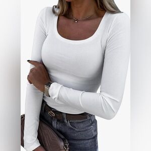NEW White Ribbed Scoop Neck Long Sleeve Shirt
